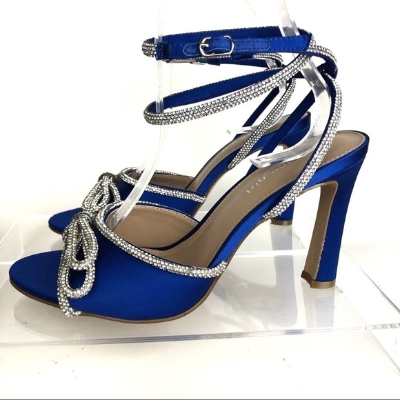 Madden Girl True Rhinestone Bow Evening Dress Blue Satin Sandals Heels Sz 8 - Picture 3 of 8